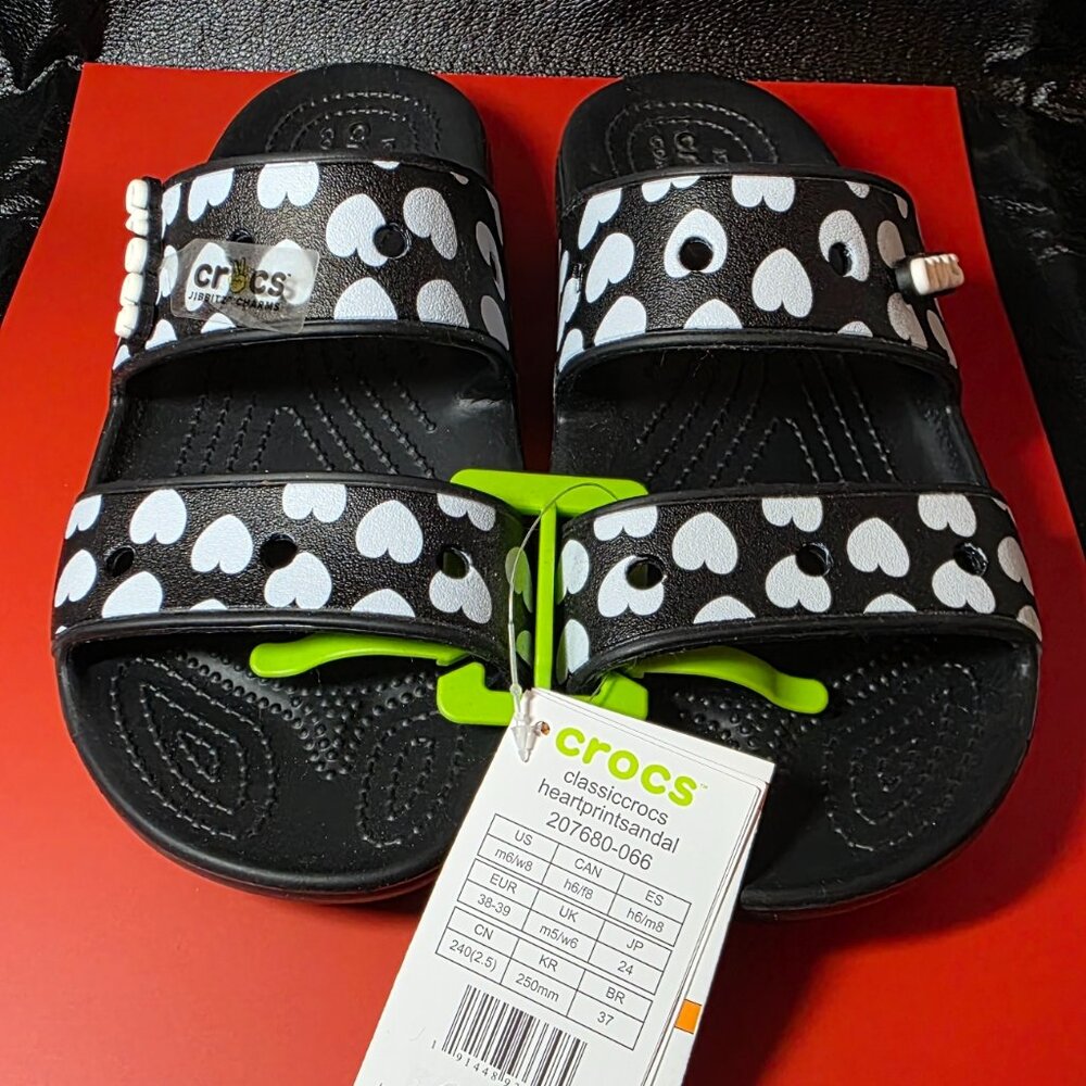 Women's Black w/white hearts Crocs slides - Picture 7 of 7